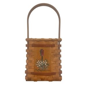 Vintage Rustic Woven Hanging Wooden Basket Flowers Birdhouse Handpainted